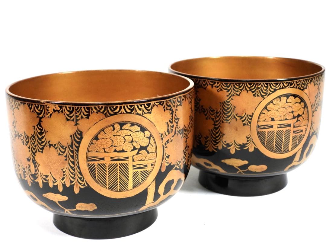 時代漆器 輪島塗 蝋色塗 糸櫻蒔絵 内金溜 盃洗 天然木 漆塗り 漆芸 時代箱