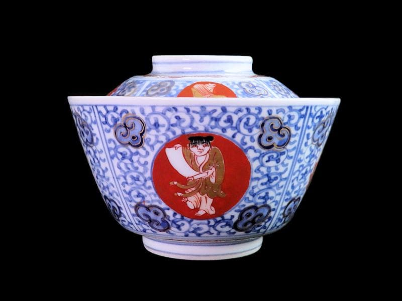 大聖寺伊万里　染錦　鳳凰に唐人　唐草の図　蓋茶碗　２客　A121AS-fbmj