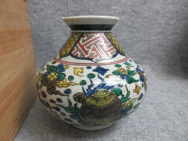 九谷焼二重角福印青手鳳凰図花瓶箱入り [B28230]