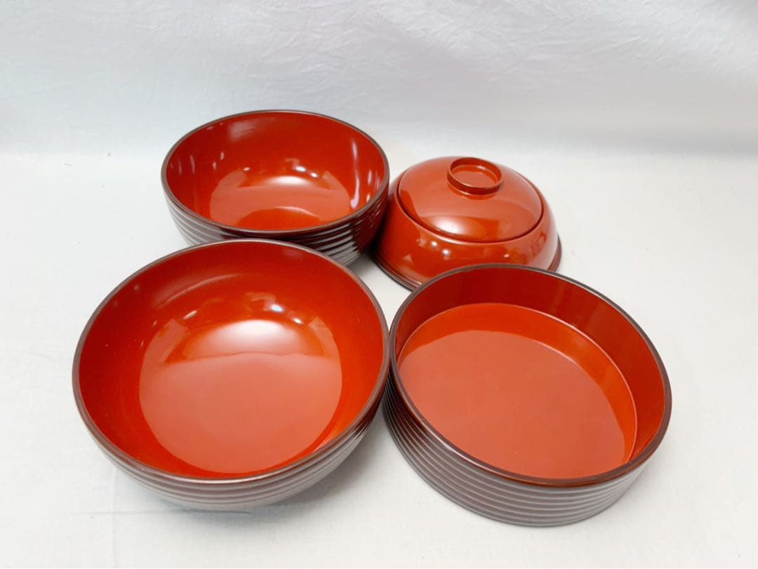 未使用 茶道具 木製溜塗 信玄三段弁当 2客 千筋 内朱 紙箱