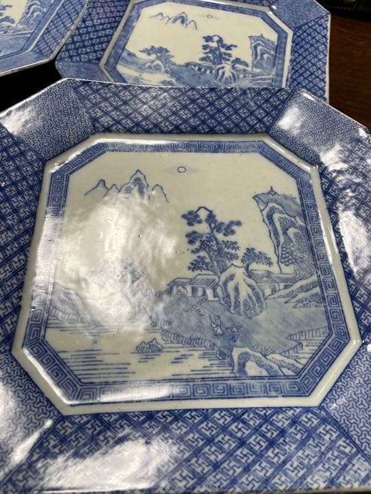 明治時代　古伊万里　染付　印判　染付　山水図　四方隅切大角皿　径27cm