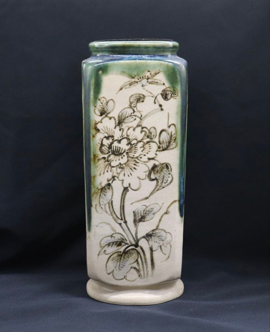 清水　青緑釉山水　四方華瓶　平安陶工　土龍庵清山作　共箱　茶道具　送料込み905