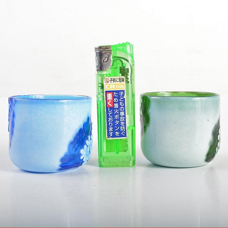 ガラス工芸　睦彰銘　花文　盃　一對　C　R6831