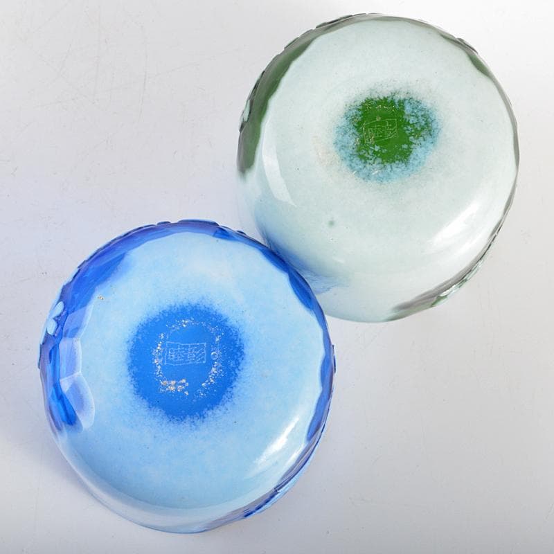 ガラス工芸　睦彰銘　花文　盃　一對　C　R6831