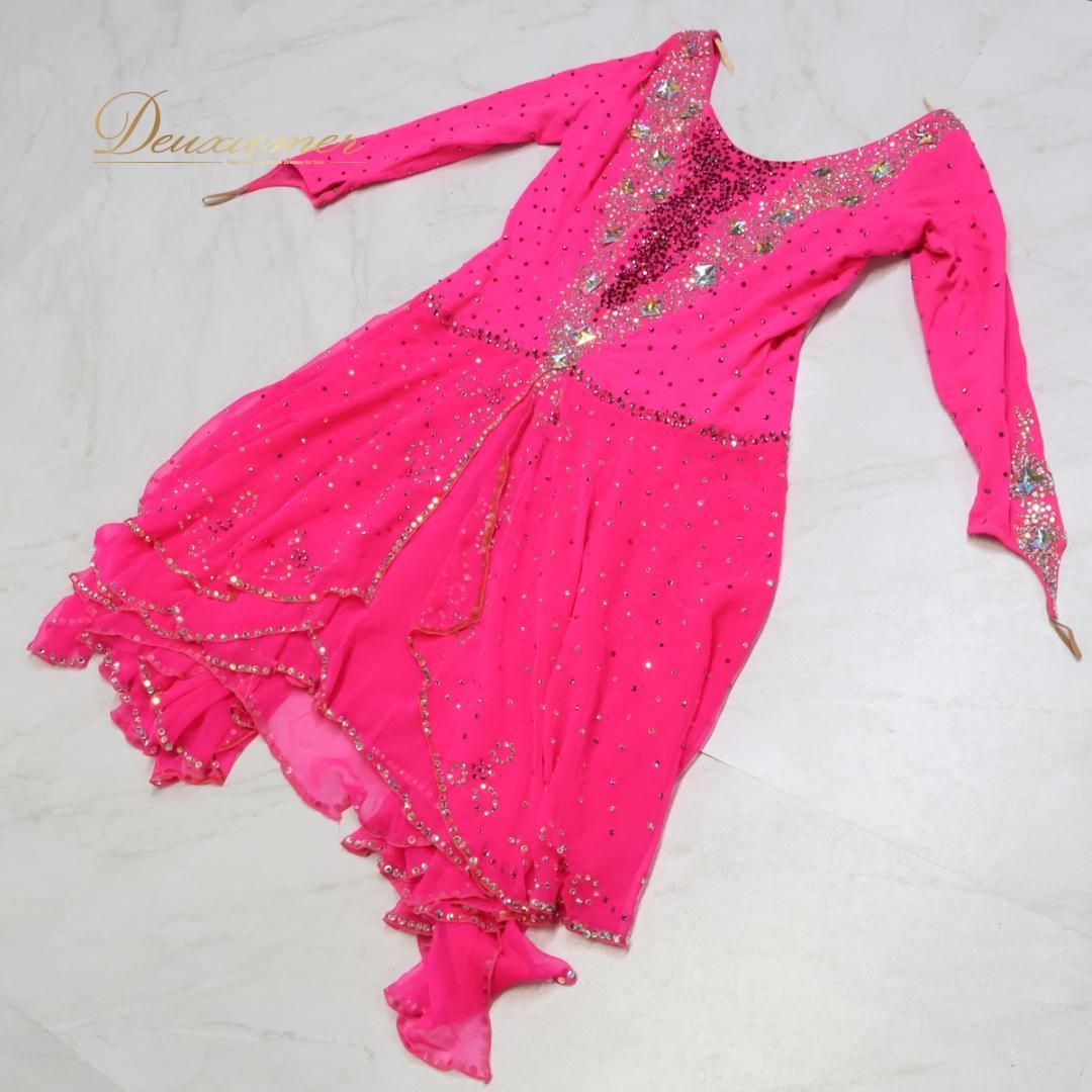 【社交ダンス衣装】ピンク ラテン ドレス ワンピース 蛍光 レース ビーズ デモ