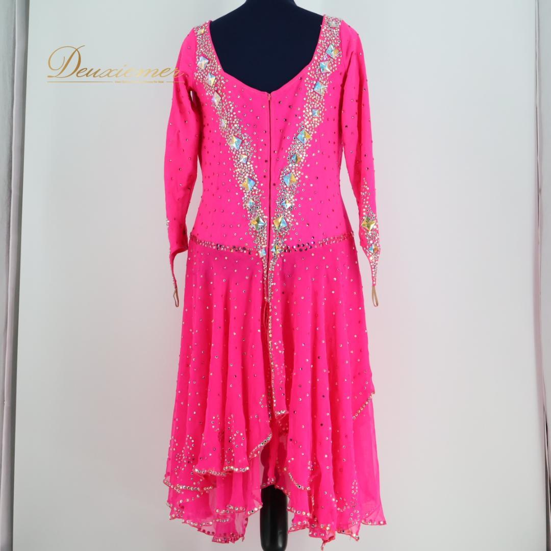 【社交ダンス衣装】ピンク ラテン ドレス ワンピース 蛍光 レース ビーズ デモ