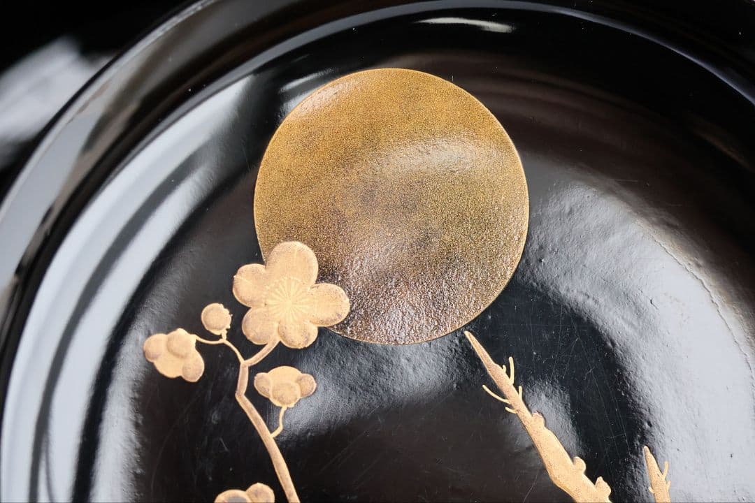 【CM416】訳あり 天然木漆塗 月と梅 福寿草 金蒔絵 黒塗椀 五客 大正昭和