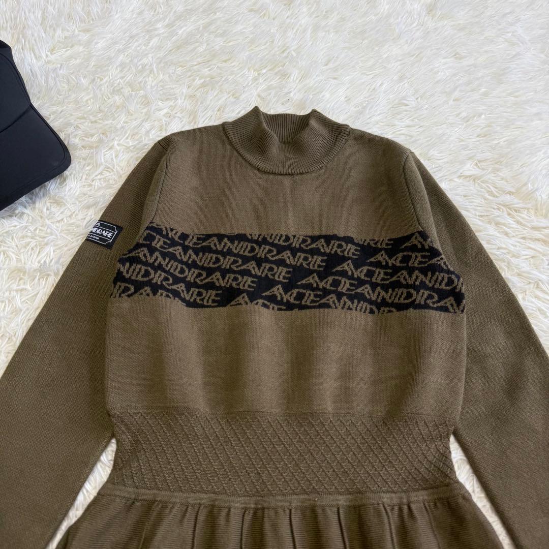 【エースアンドレア】美品♡ニットワンピース モックネック ロゴ 168S カーキ