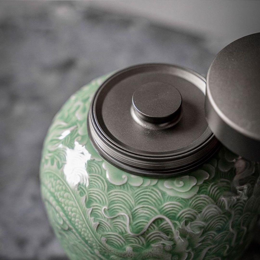 新品未使用　中国美術　茶筒　茶器　茶入れ　青磁　茶道具　龍鳳紋　置物