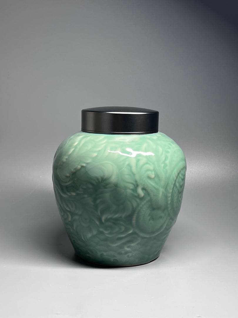 新品未使用　中国美術　茶筒　茶器　茶入れ　青磁　茶道具　龍鳳紋　置物