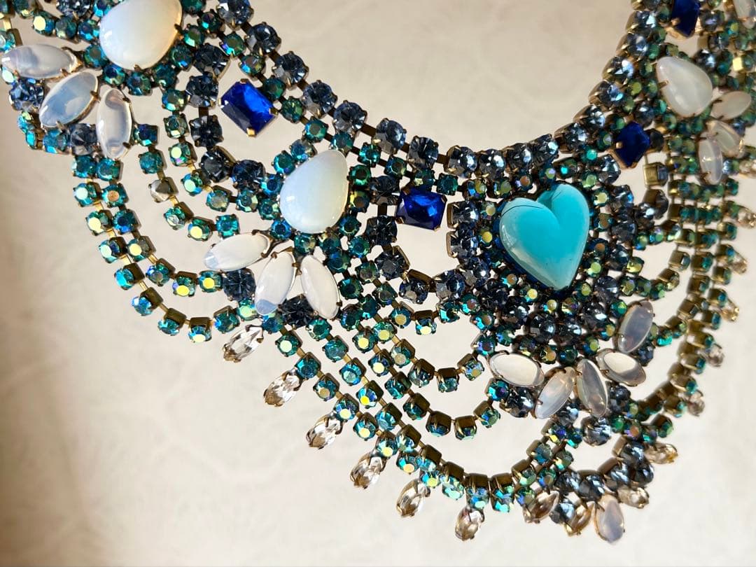 ビンテージ/BIJOUX.M.G/刻印/チェコガラス/ネックレス/ハート/ブルー