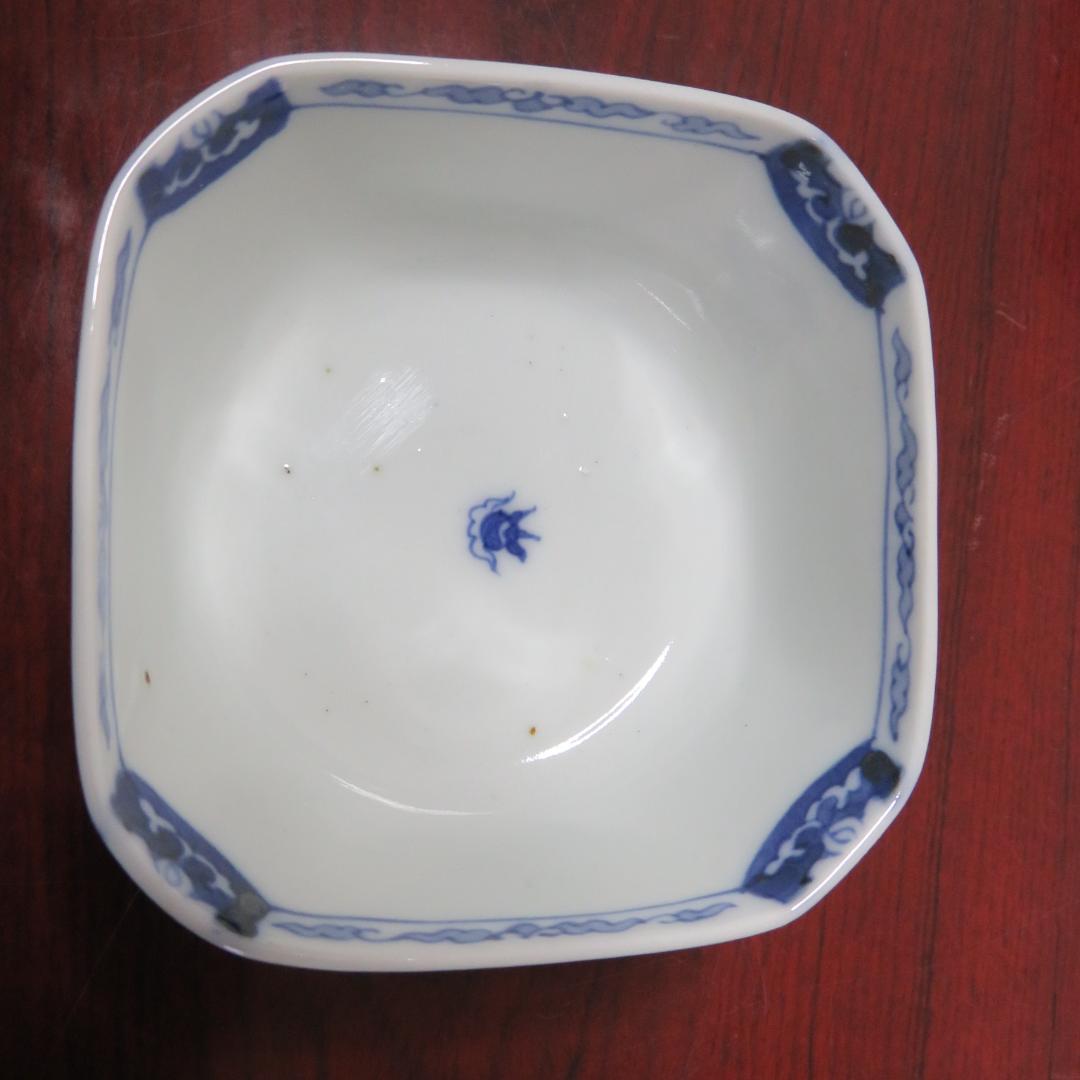 四角向付 5客 草花文様 染付 色絵付 明治 大正 蔵出し