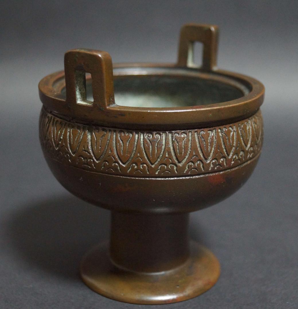 銅製 金寿堂造 斑紫銅 鼎式 香炉 唐木紫檀台座付 / 香道具