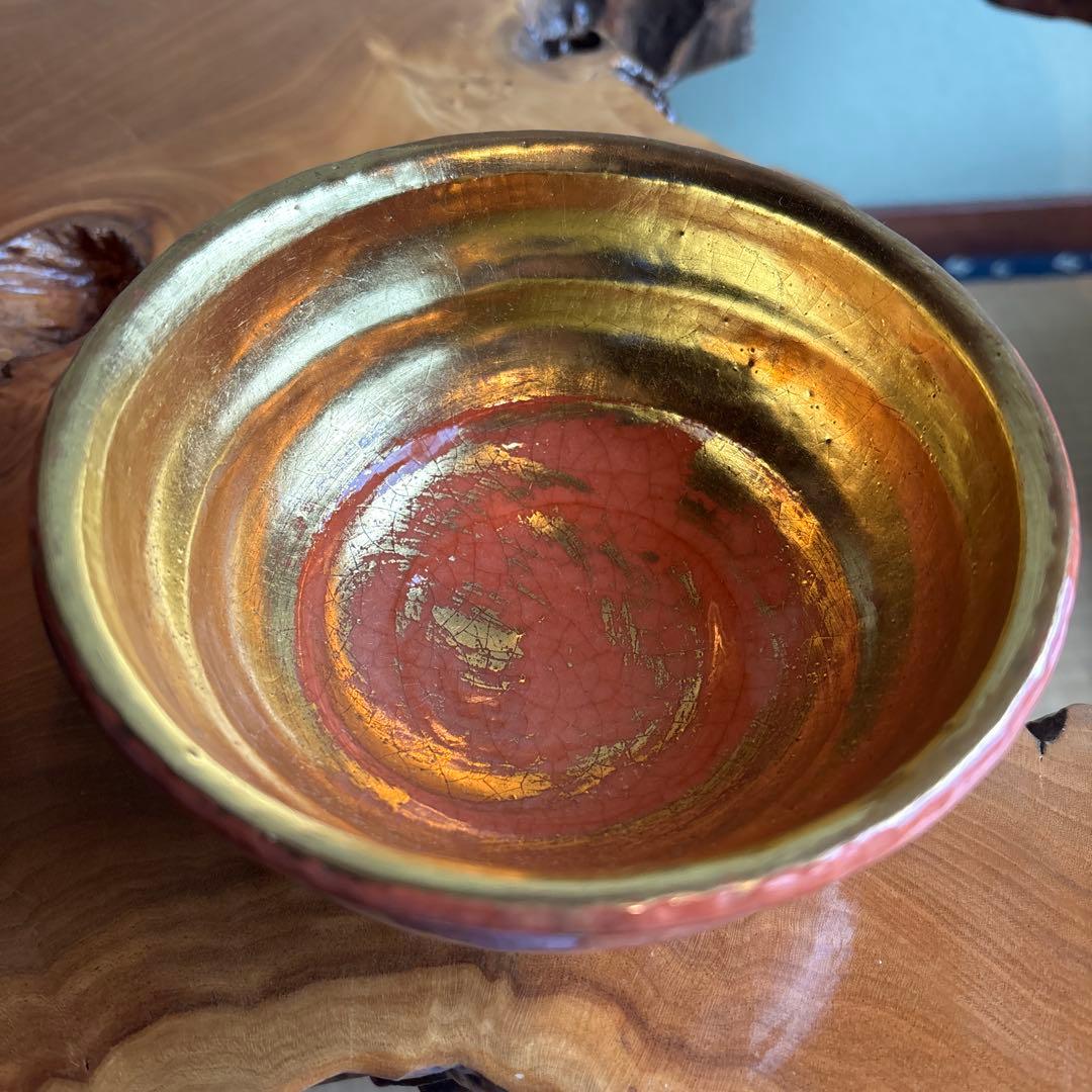 嶋台茶碗 松楽作 金銀組 楽焼 抹茶碗 茶道具 共箱（83Hb）