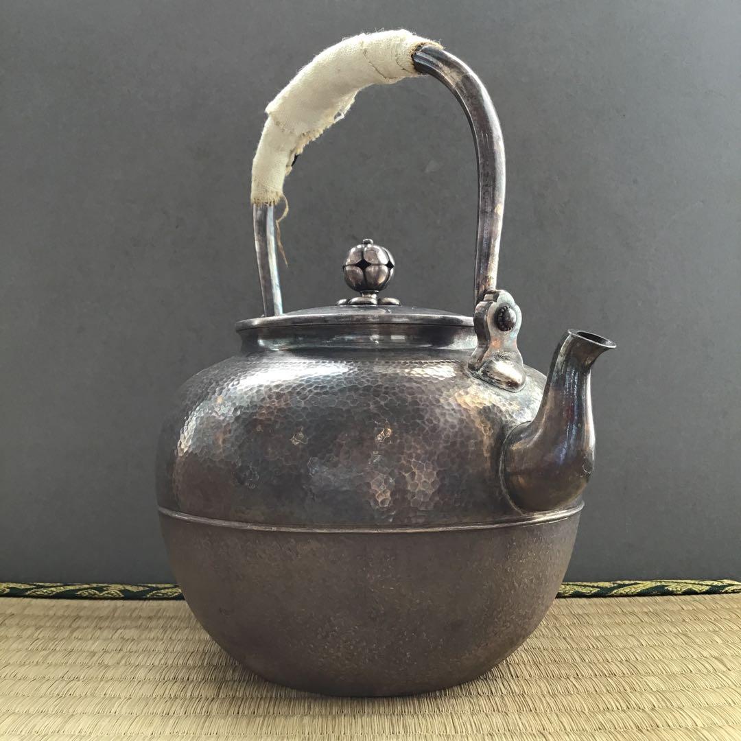 茶道具　湯沸　純銀望月形湯沸　目方百貮拾匁(約450g) 共箱　S218YW