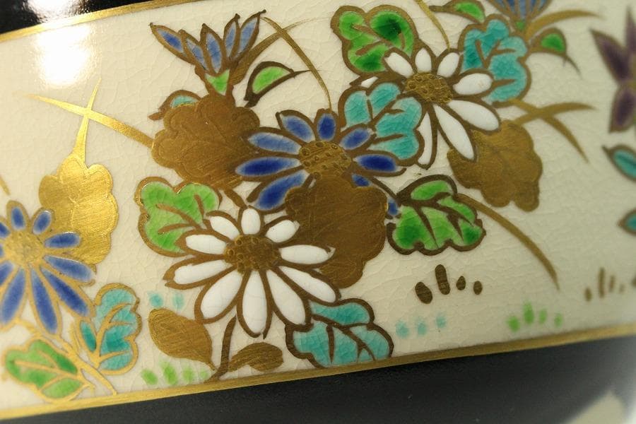 茶道具 黒仁清秋草茶碗 共箱 美品(K-A503)