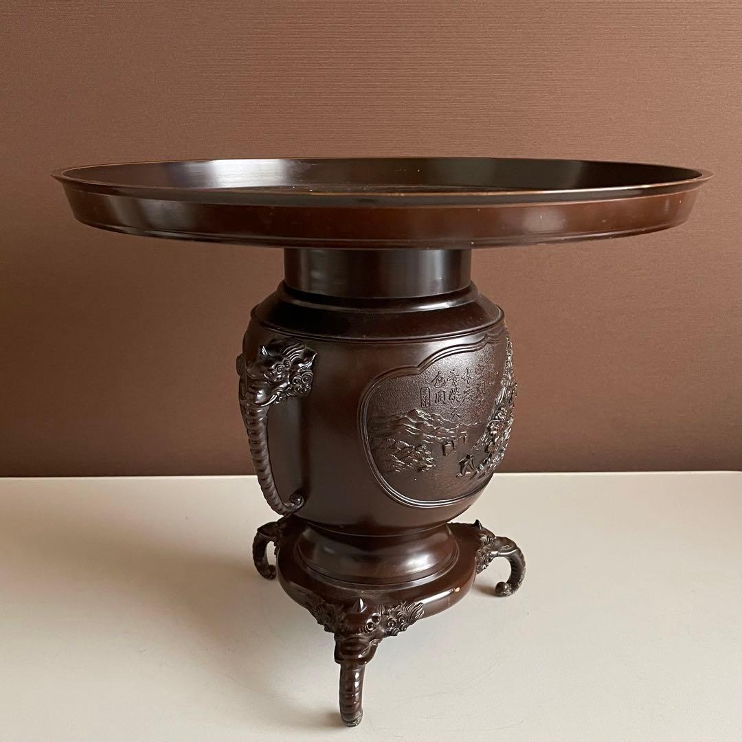 銅花器 薄端 在銘 精山 獅子双耳 池坊 茶道具 華道具 重さ5.2kg 04