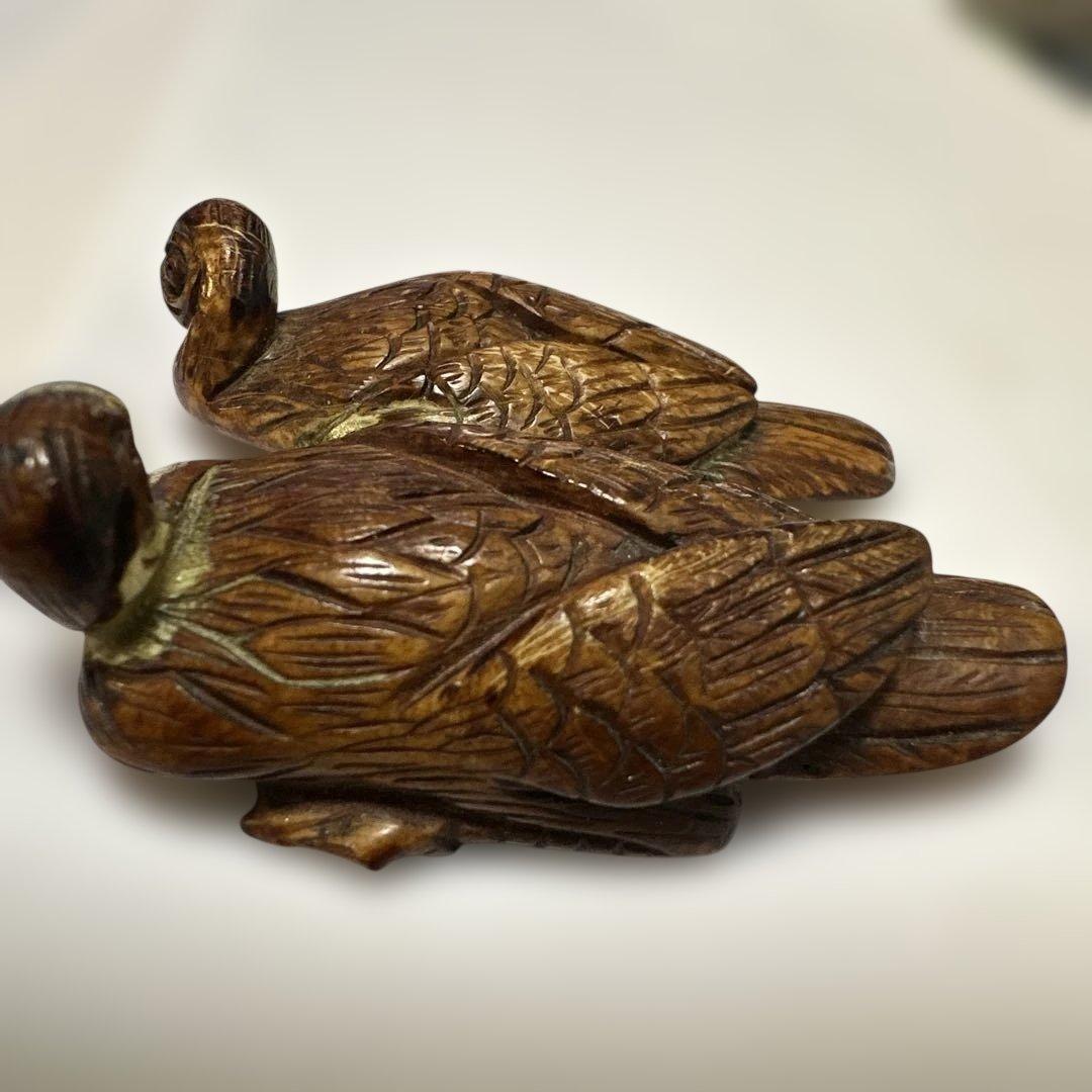 根付　骨董　銘有り 美術品 コレクション　二羽の鳥の彫刻