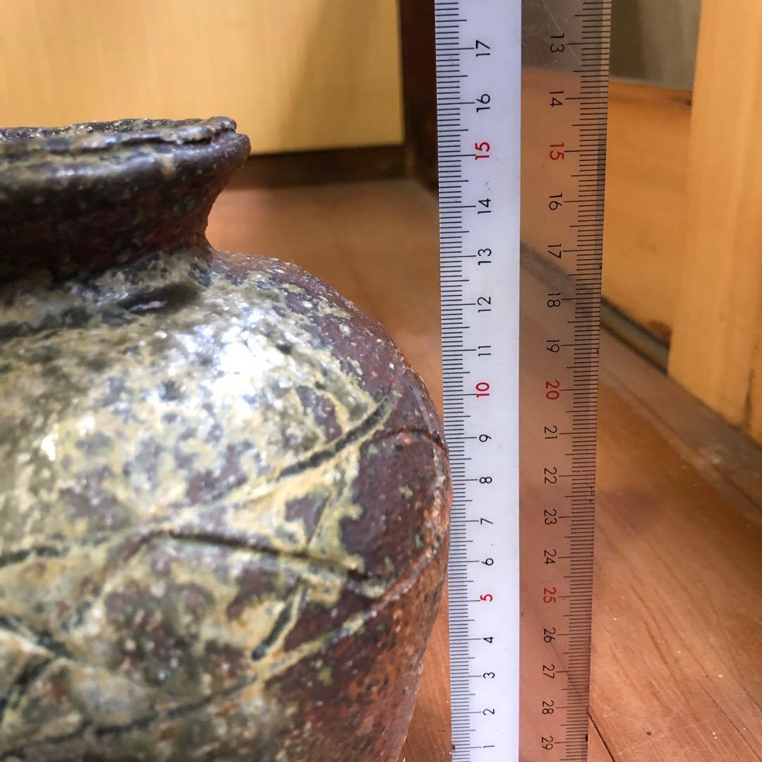 骨董品 手彫り模様茶色緑色グラデーション壺 花道茶道水差し 作家物 日本伝統工芸