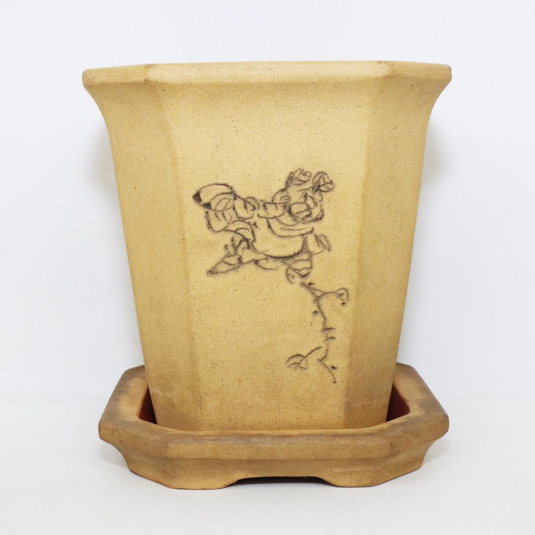 中国 唐物 古盆器 白泥釘彫絵梅花漢詩文