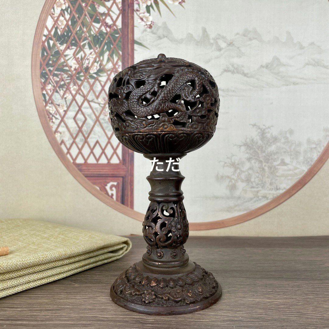 銅 細工 透かし彫り二龍戯珠祥雲盤竜薫る香炉 香道具 装飾品 工芸品 置物