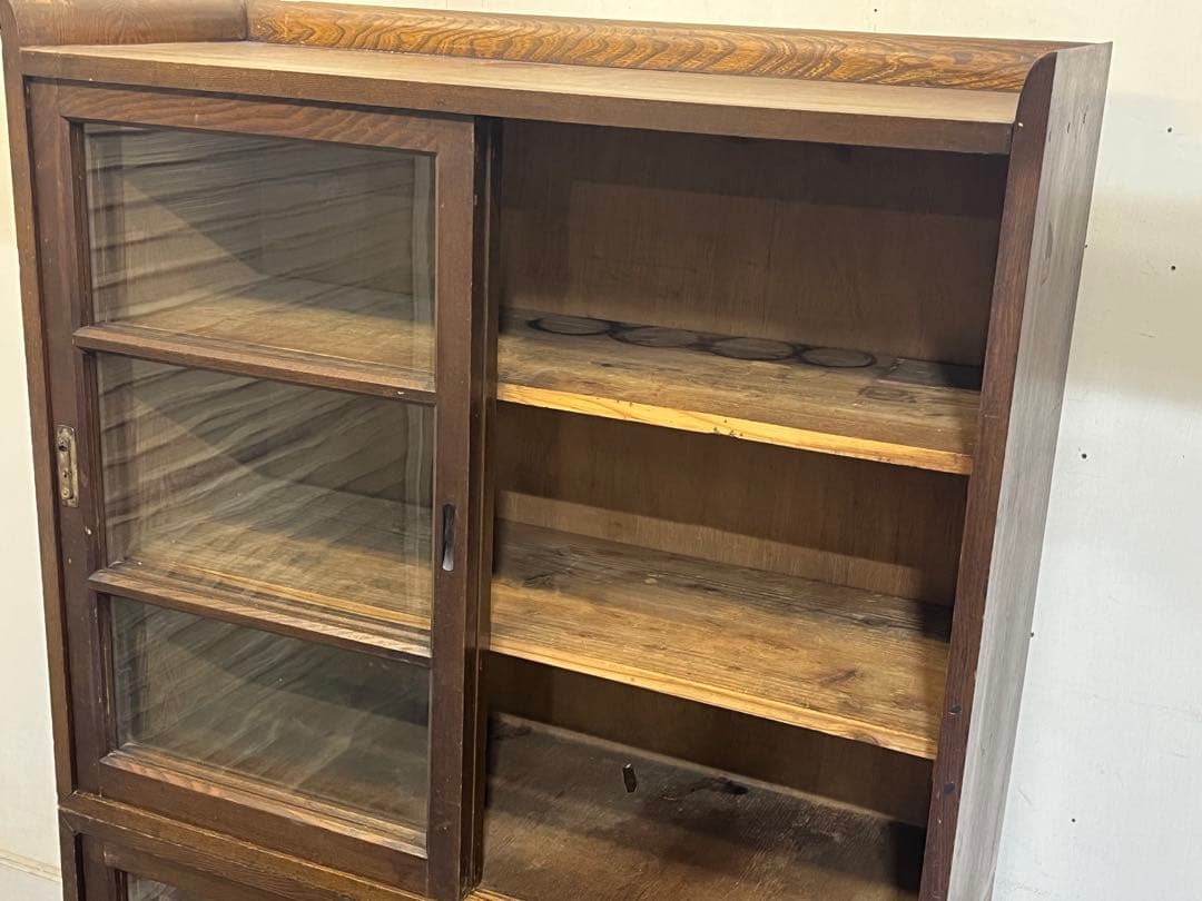 銀*B様 レトロ 木製ガラス戸棚 食器棚 収納 水屋箪笥 キャビネット 本棚