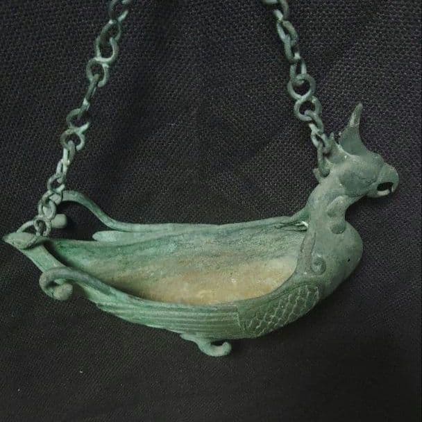 銅製　鳳凰　吊り花生　青銅製　吊り花器　舟形　時代物　カ10