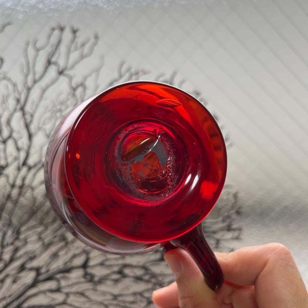 骨董　時代ガラス　希少緋色　朱赤　赤胴　取手付き　アイスクリームコップ　氷コップ