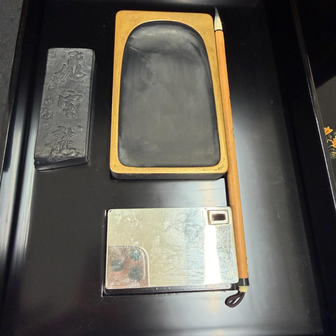 硯箱 平安 象彦 蒔絵 象嵌 硯 水滴 書道具　唐子紋