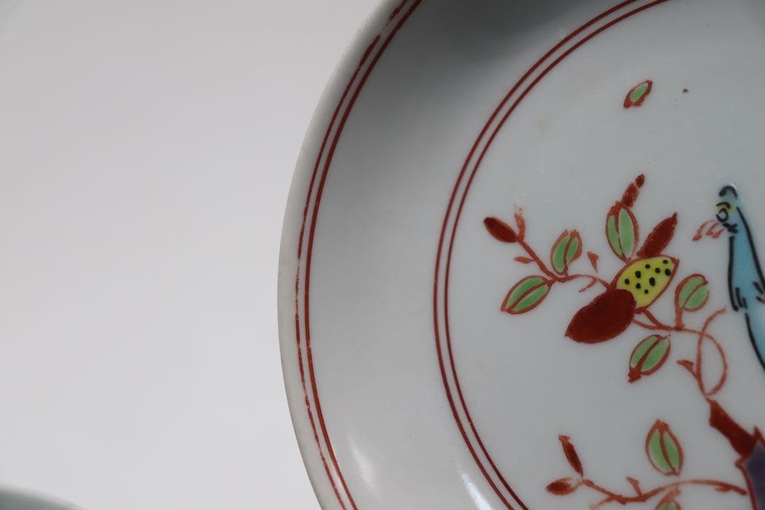 中国　紅緑彩　花鳥紋小皿2点　正徳年製銘　送料込み1023