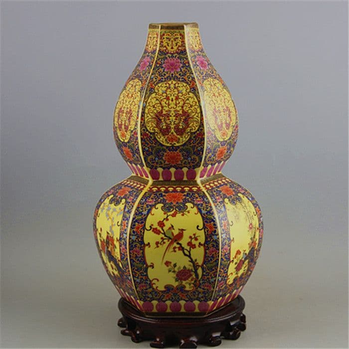 琺瑯彩花鳥紋の六方ひょうたん瓶です  工芸品 美術品 置物