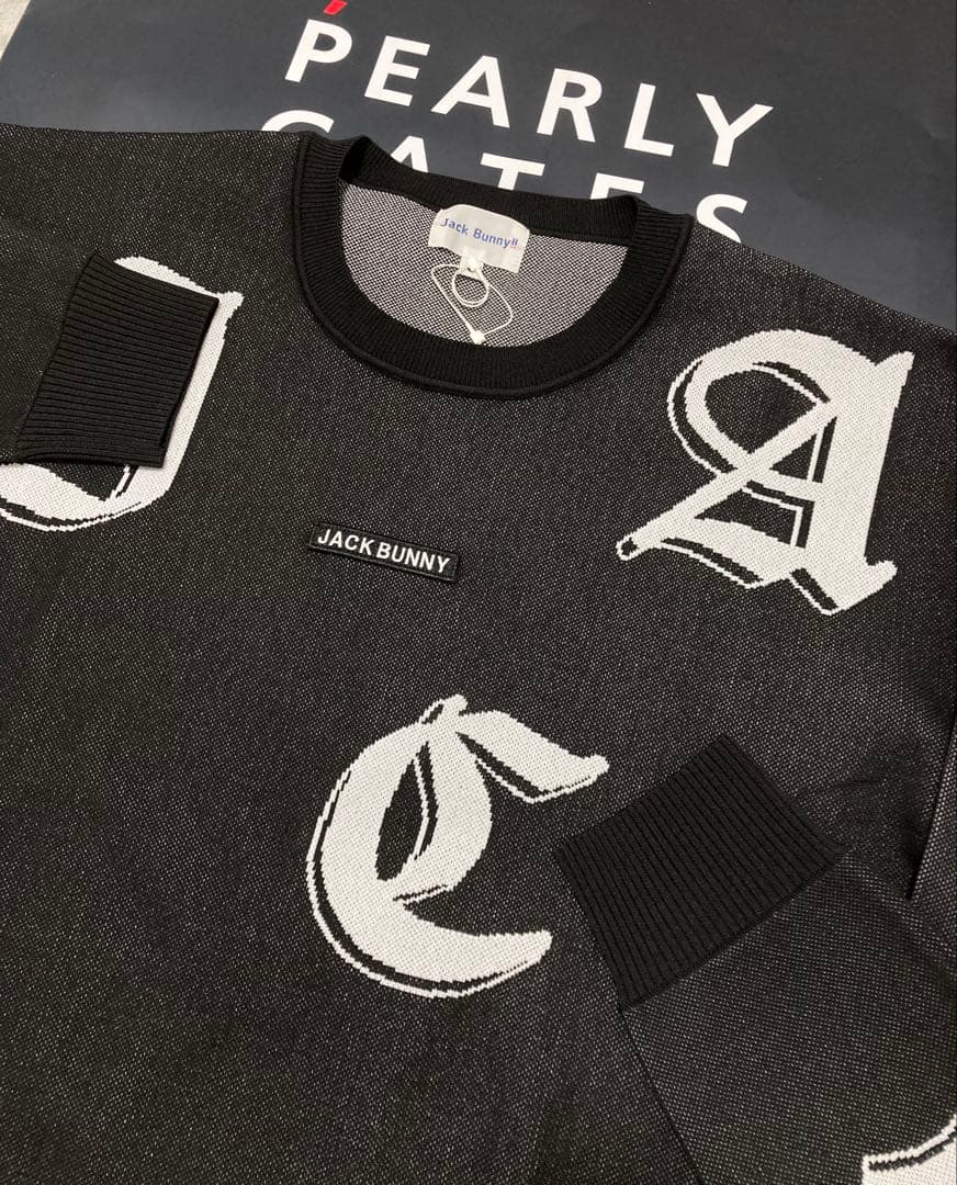 新品 パーリーゲイツ ジャックバニー ゴシックロゴWジャガードニット(6)LL黒