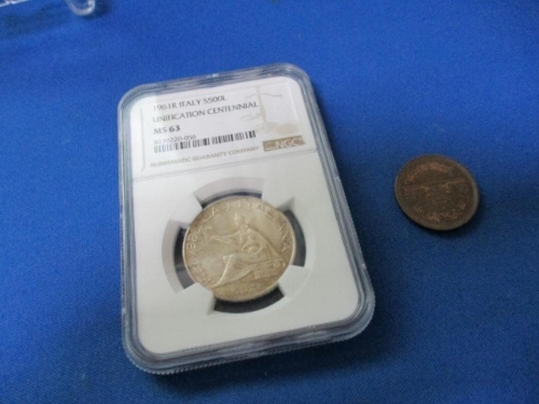 イタリア・500リラ銀貨☆1961年／未使用／統一100周年／クアドリガ／