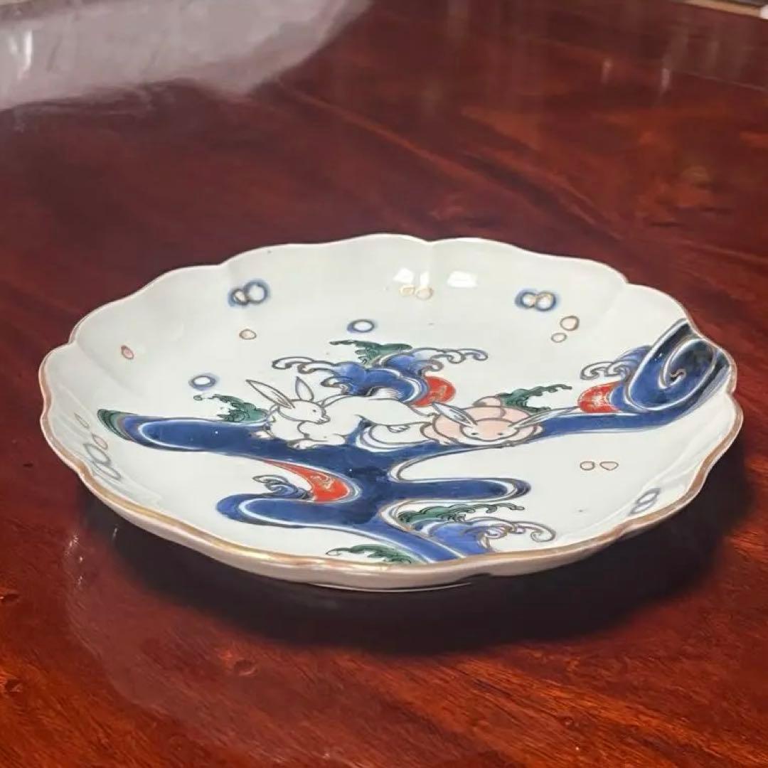 古伊万里　中皿　染錦　色絵　波兎　うさぎ　太明成化年製　柿右衛門　渦福