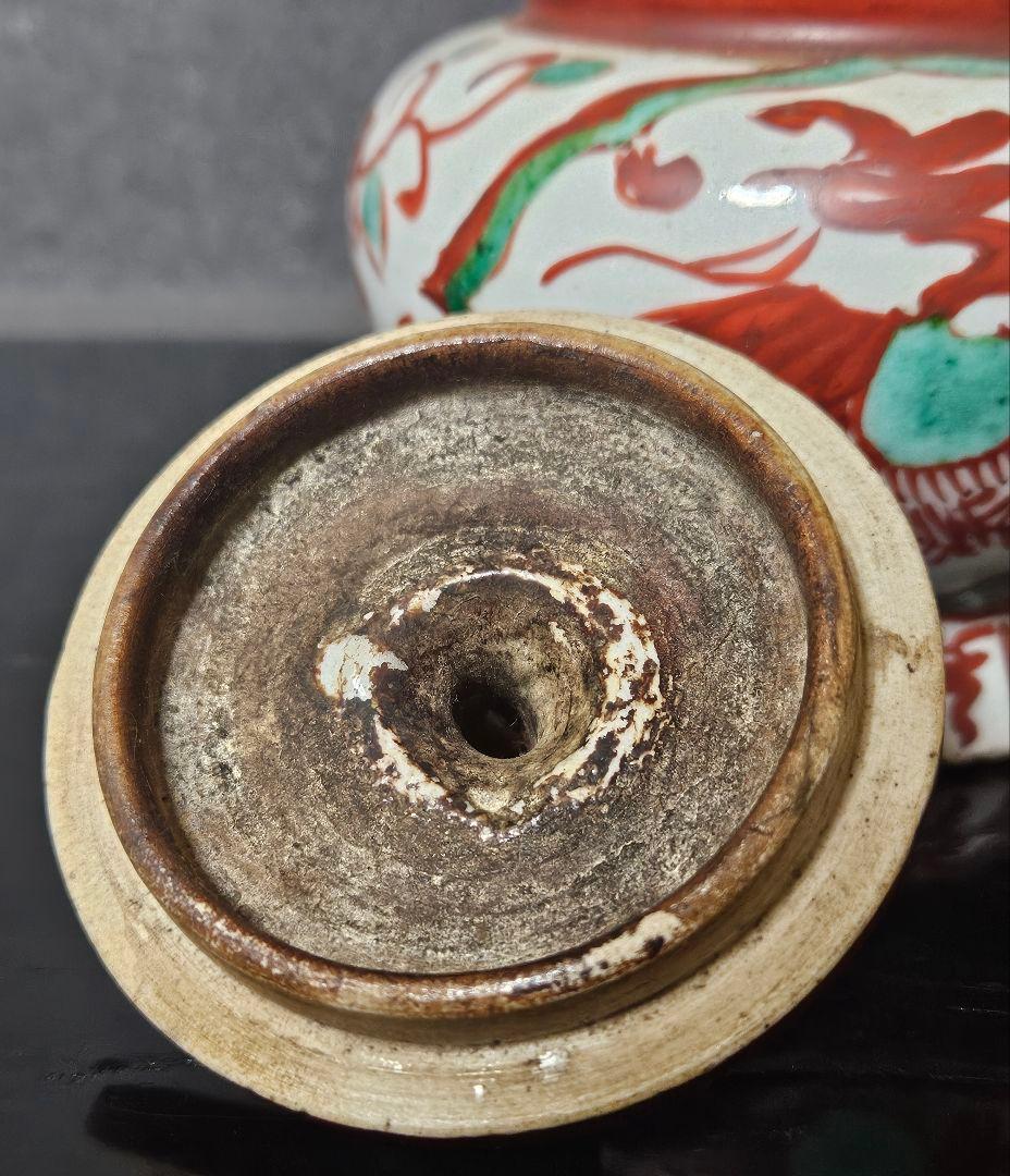 【本物保証❗】中国古陶磁　明朝明代　古赤絵　天啓赤絵　獅子摘　花に鳳凰の図　香炉