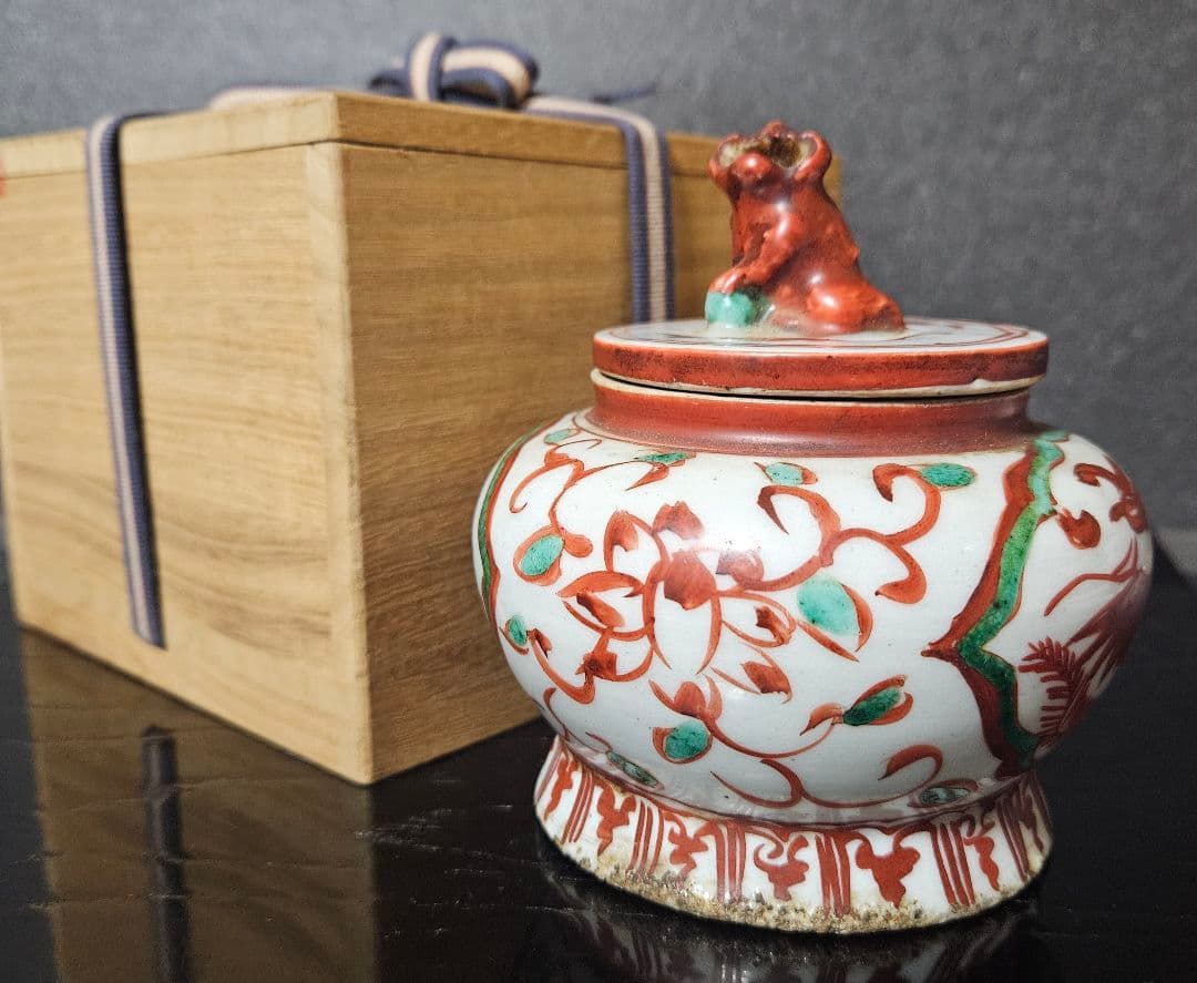 【本物保証❗】中国古陶磁　明朝明代　古赤絵　天啓赤絵　獅子摘　花に鳳凰の図　香炉