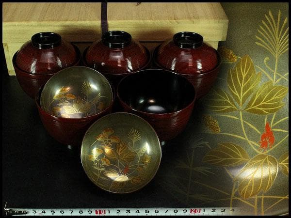 輪島塗 銀地草花紋 溜 糸目 椀 五客 極上(K-XA673)