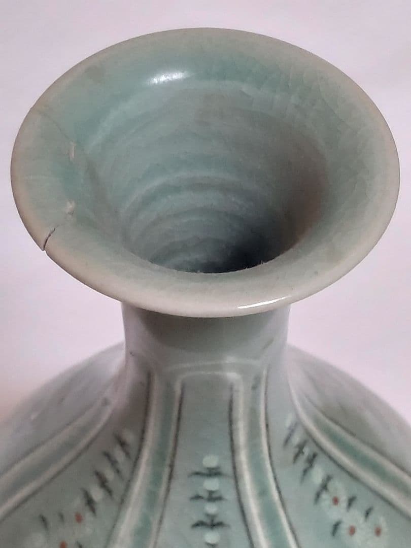 朝鮮美術　骨董　高麗青磁　花象嵌　大瓶　砂高台