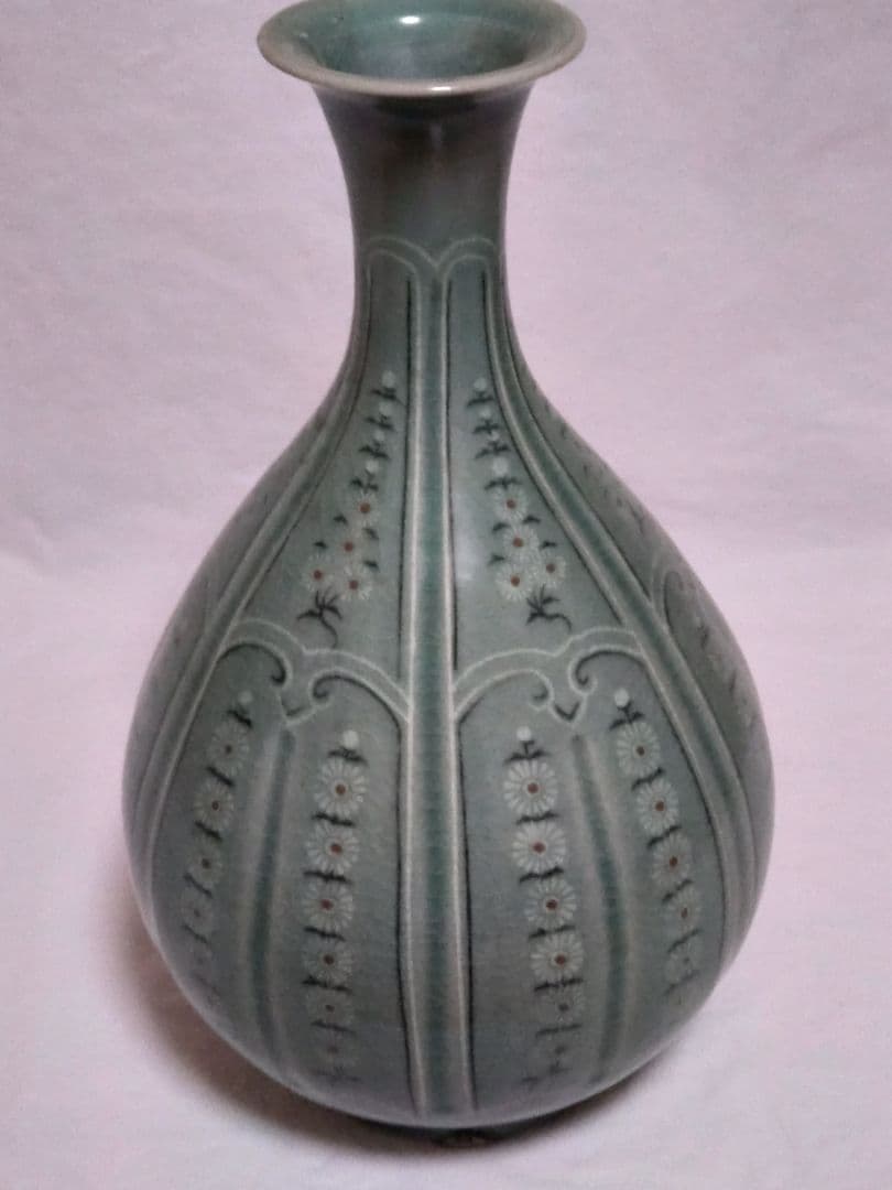 朝鮮美術　骨董　高麗青磁　花象嵌　大瓶　砂高台