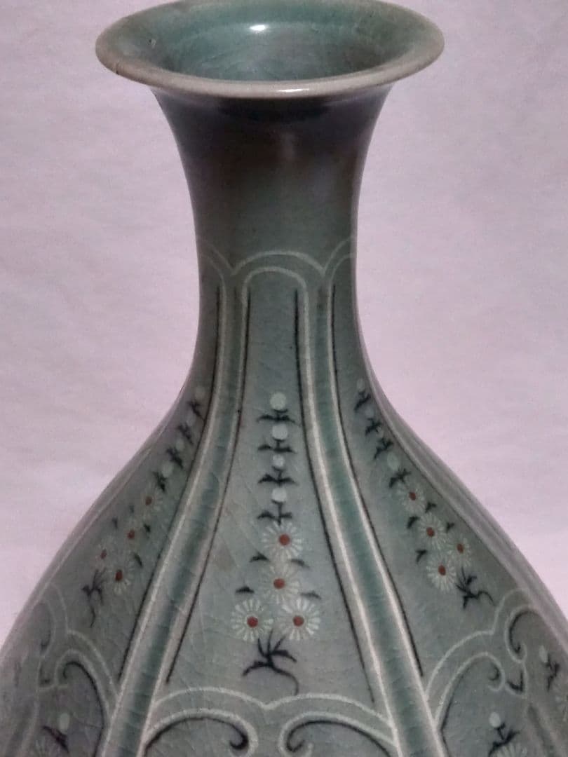 朝鮮美術　骨董　高麗青磁　花象嵌　大瓶　砂高台