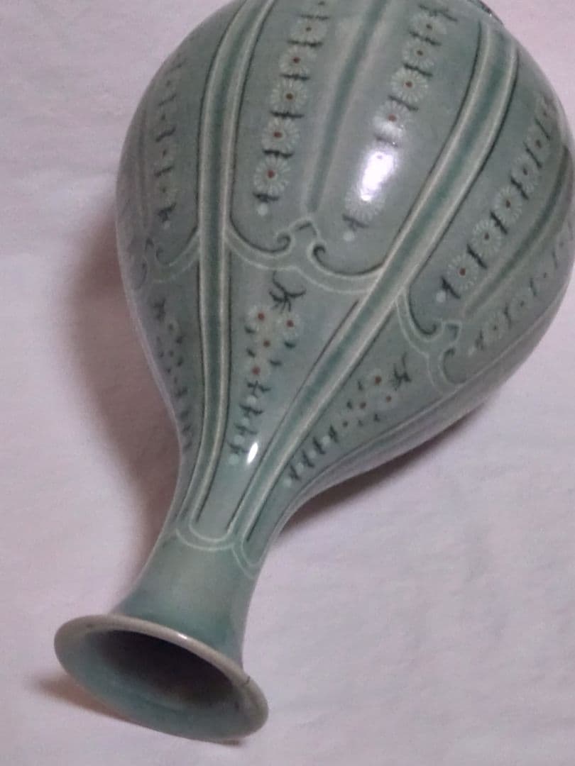 朝鮮美術　骨董　高麗青磁　花象嵌　大瓶　砂高台