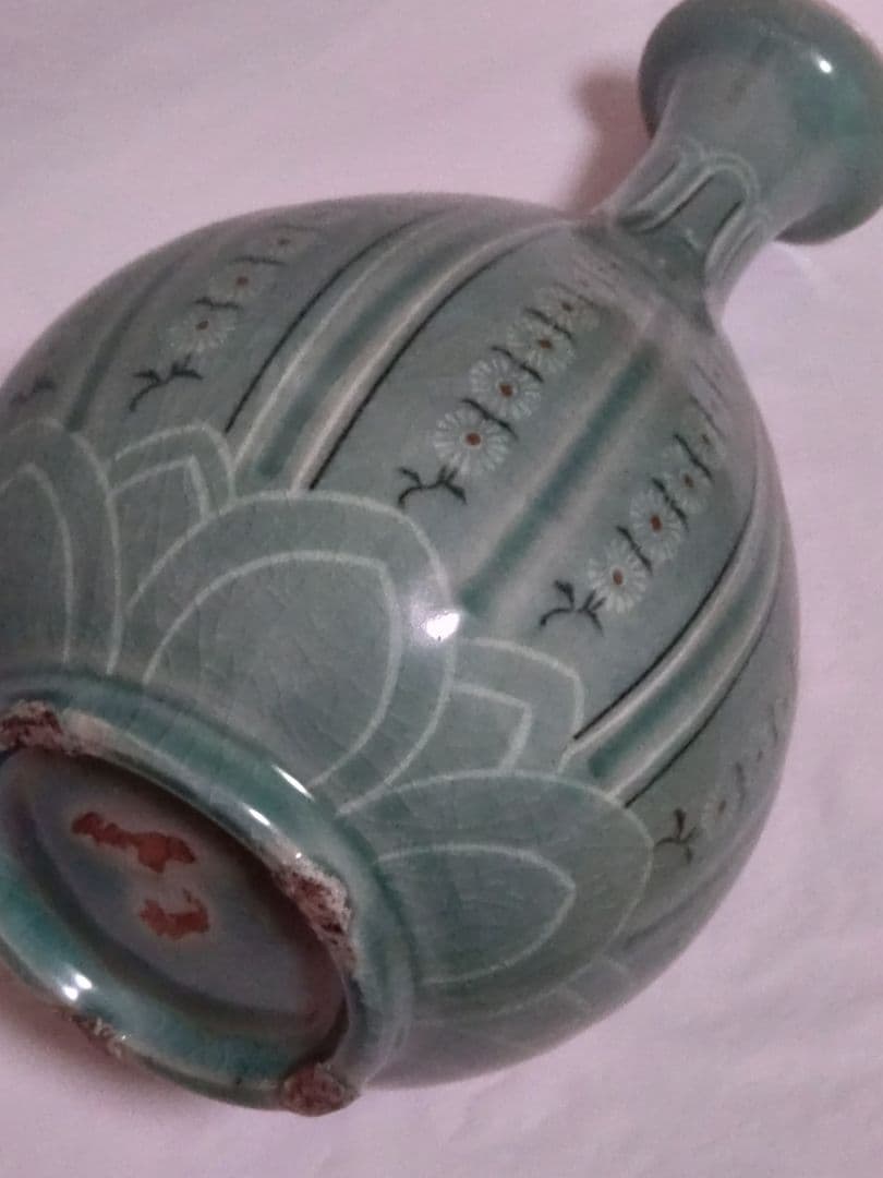 朝鮮美術　骨董　高麗青磁　花象嵌　大瓶　砂高台