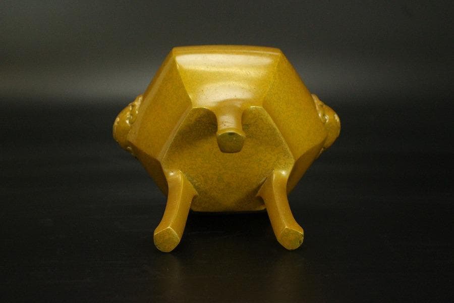 香炉 獅子双耳 三足香炉 金属製 木箱付(メ1186)