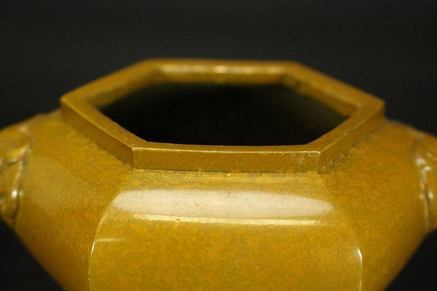 香炉 獅子双耳 三足香炉 金属製 木箱付(メ1186)