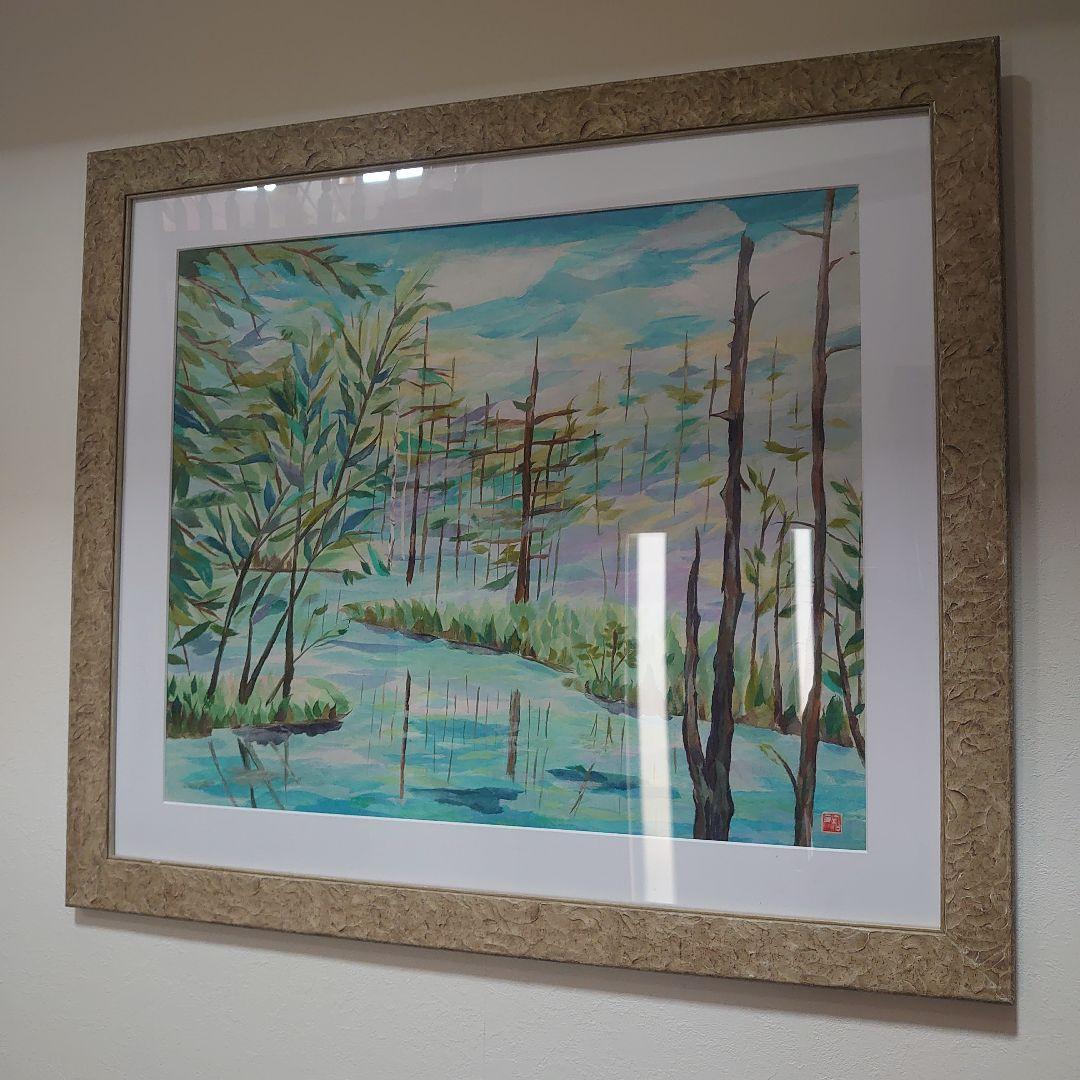 【美品】風景画　千切り絵作家　署名入り　高級額縁　大型絵画　高級和紙　30号