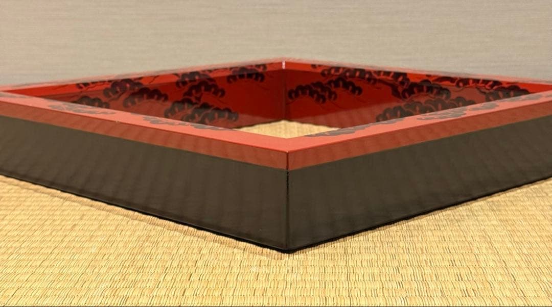 能登輪島塗 慶塚 朱塗老松蒔絵 炉縁 共箱 共布