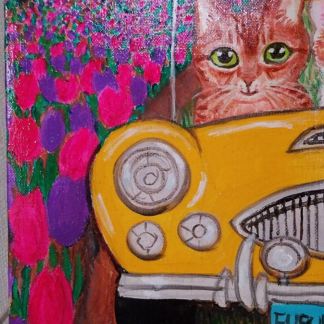 油絵　専用　車に乗るきららちゃん、こゆきちゃん、ふぶきくん