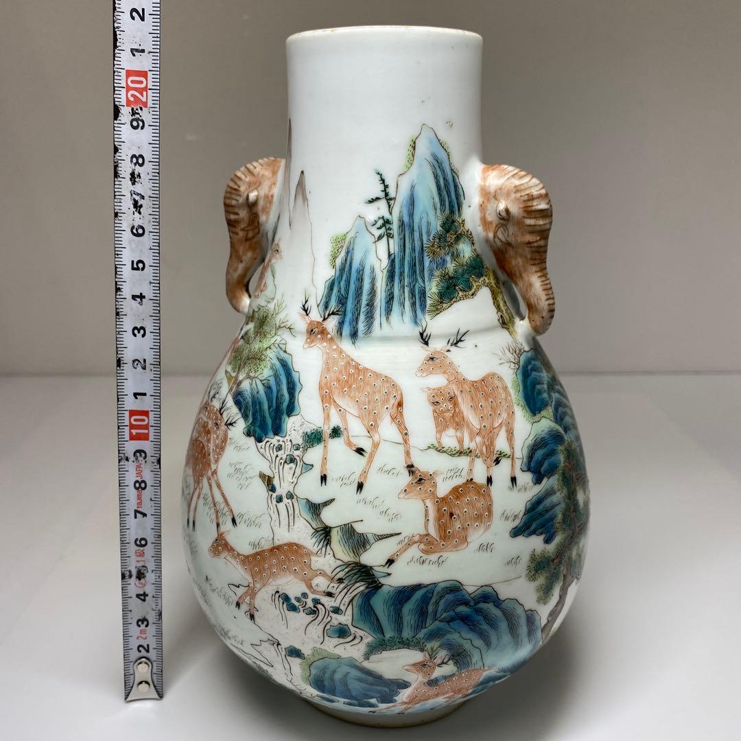 専用　中国清時代大清乾隆年製粉彩鹿の図花瓶　高さ21.3㎝東Y7-0314☆2F