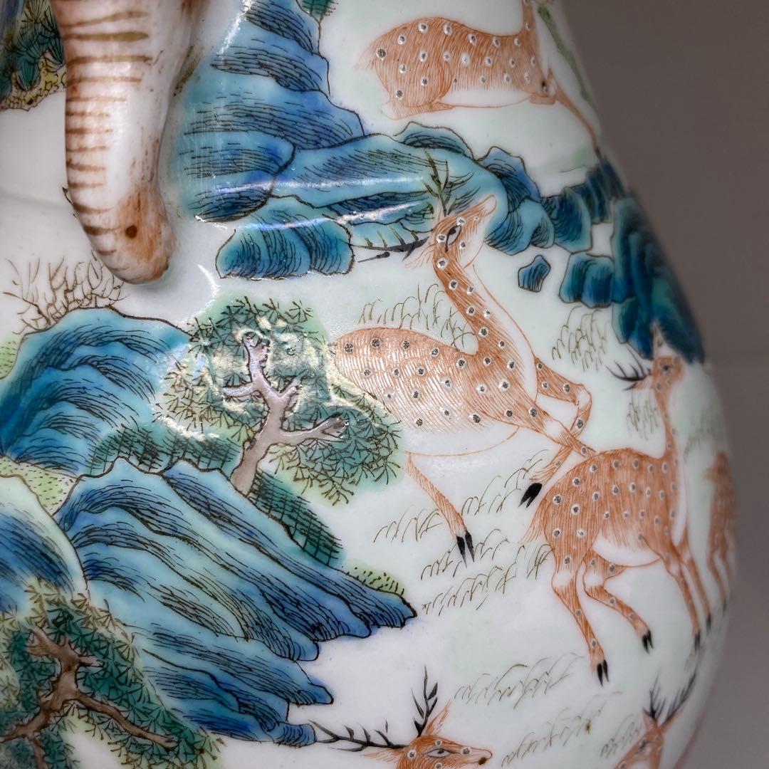 専用　中国清時代大清乾隆年製粉彩鹿の図花瓶　高さ21.3㎝東Y7-0314☆2F