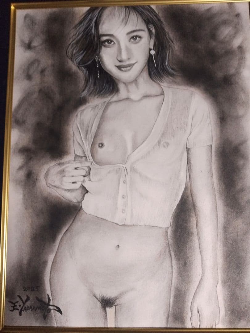 裸婦、美人画6Fしなり、山本英二、肉筆、真作、１点物、額縁、高塚省吾、森本草介。